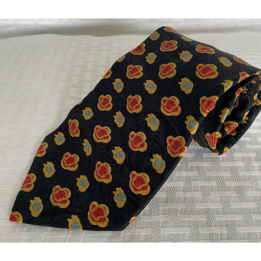 Brioni Mens Silk Necktie Black Orange Yellow Floral Crest Pattern Handmade Italy